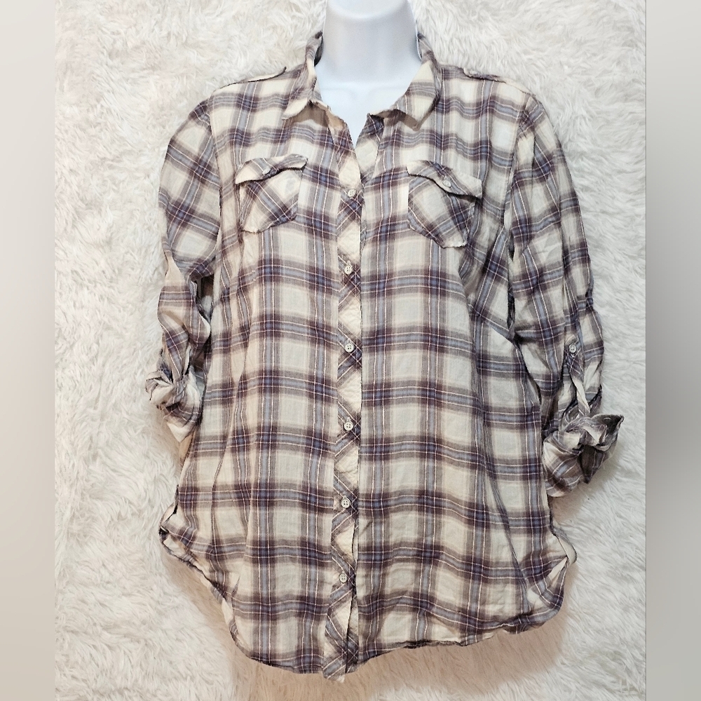 Eddie Bauer Plaid Button Down Shirt - Brown and Cream LargeP